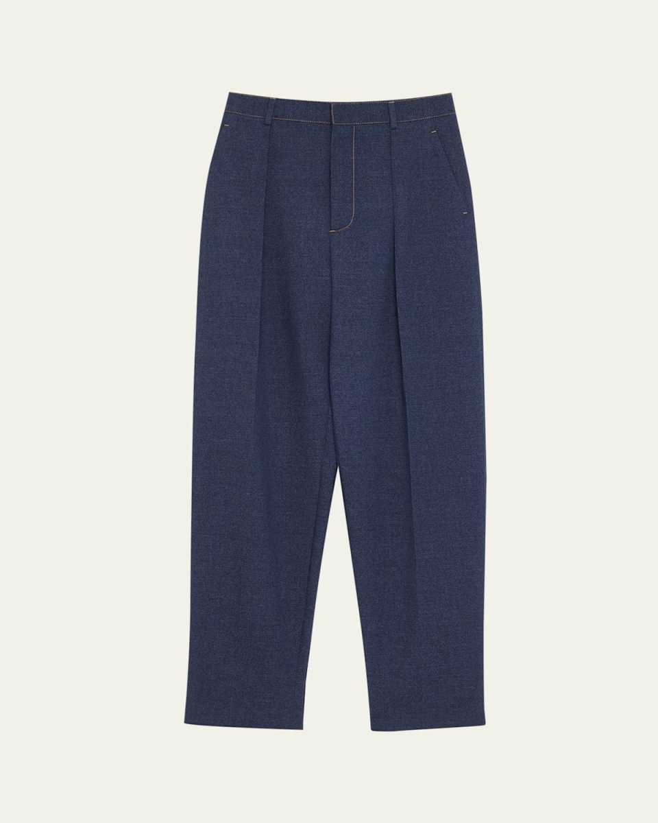 Melange Wool Drill Pleated Tapered-Leg Trousers